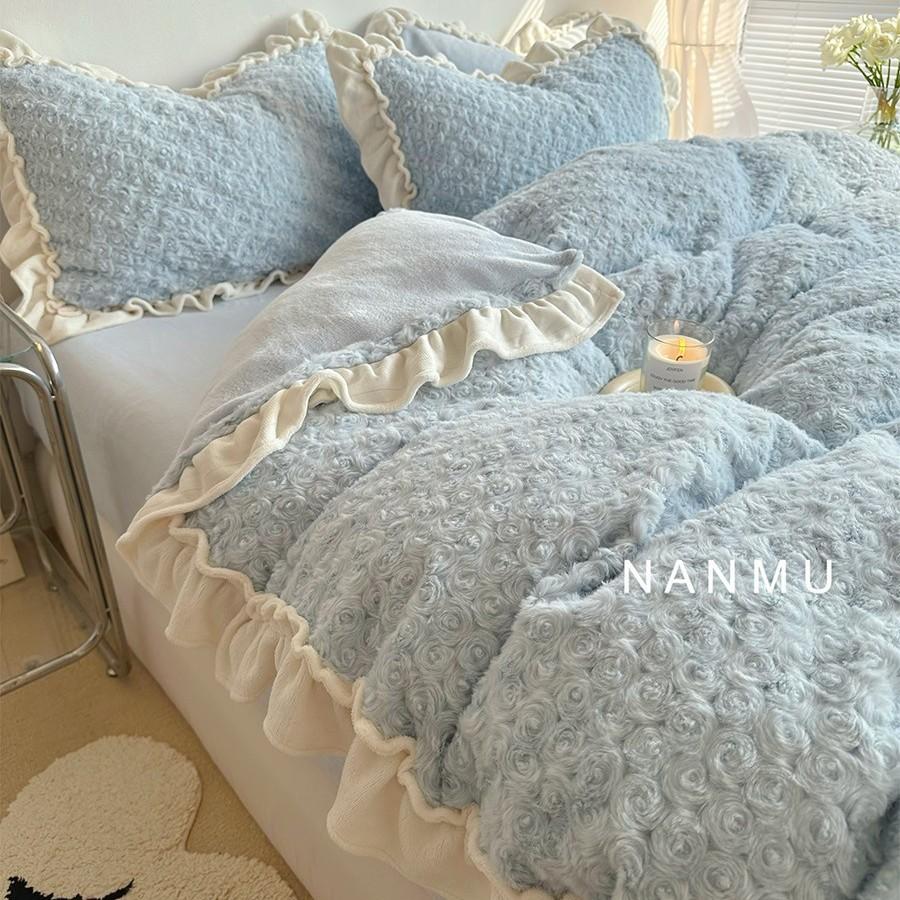 Cream Rose | Fairy Lace Thickened Milk Fleece Four-Piece Winter Rex Rabbit Fleece Fleece 1.8 Sheet