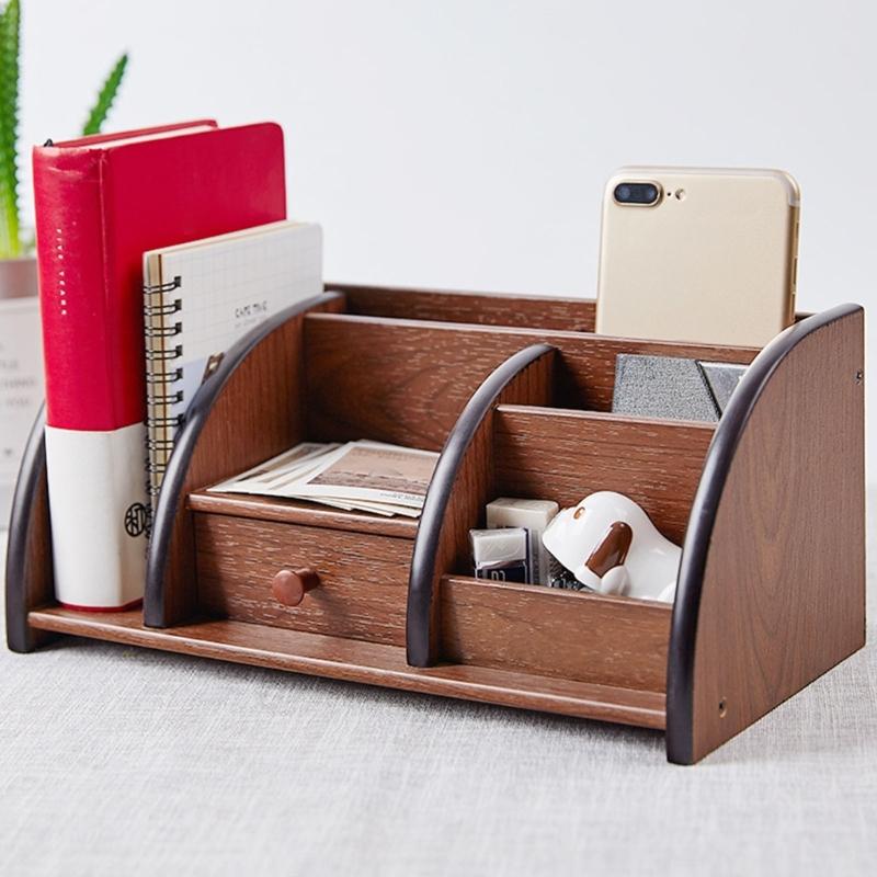 Wood Desk Storage Box with Drawer and Open Sections, Tabletop Holder for Study Table, Home Office Desk and Dressing Table Daily Use