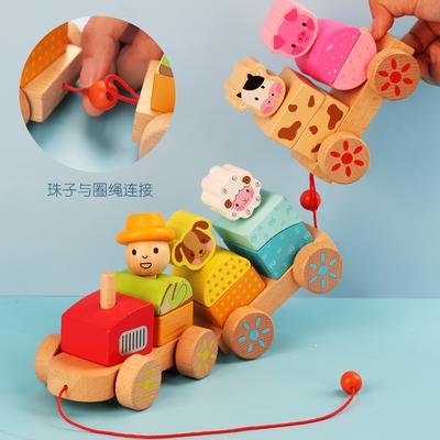 Cross-border Children's Wooden Three-section Tractor Train, Animal Pairing Assembly Color Cognition Early Childhood Education Building Block Toy
