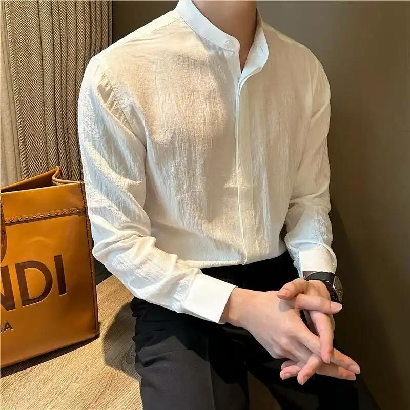 Summer Ultra-thin Men's New Chinese Style Stand Collar Shirt Fashion Casual Slightly Slim Long-sleeved Trend