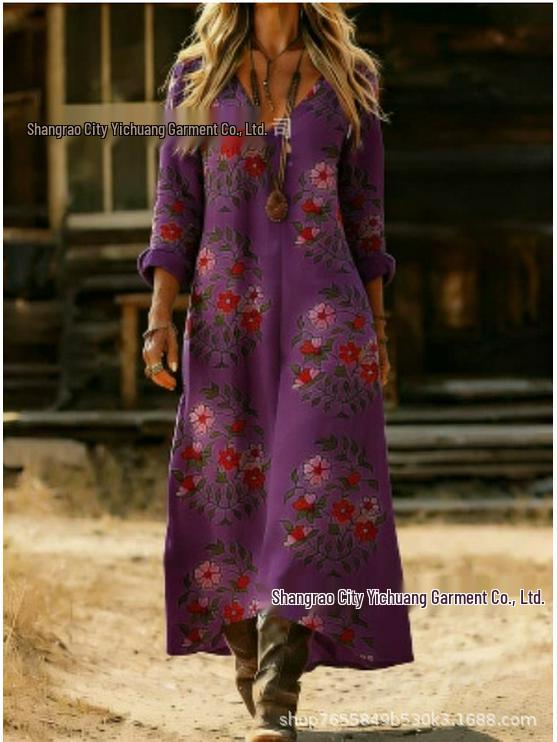 2026 Spring Retro V-neck Long-sleeved Plus Size Dress