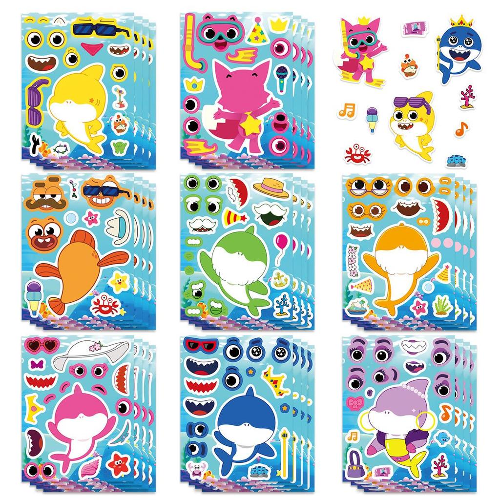 8PCS Shark Make a Face Sticker Set, DIY Cartoon Shark Puzzle Decals for Notebook Diary Fridge Suitcase, Funny Removable Face Swap Stickers