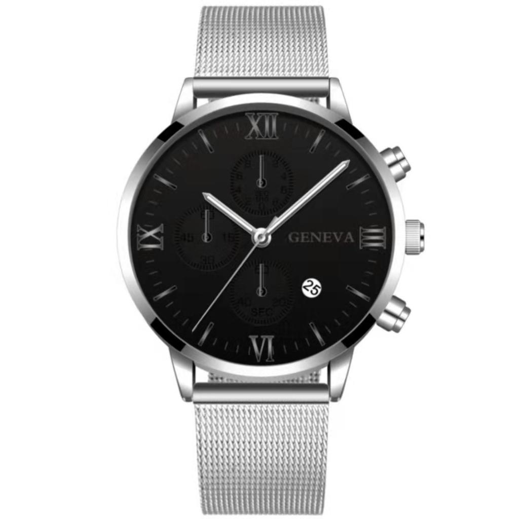 Mesh Belt Men With Calendar, Fake Three-Eye Business Leisure Boys Gift Quartz Watch