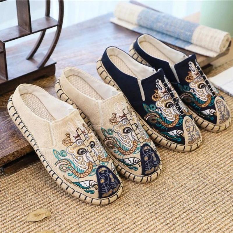 Fashion Men's Shoe Walk Around Home Embroidery Half Male Slipper Cheap Shoes Liquidation Low Price Mascullino Designer Luxury Y2k Slides