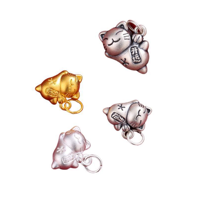 Sterling Silver 3D Lucky Cat Pendant - Cute Wealth Charm for Baby or Bestie Gift