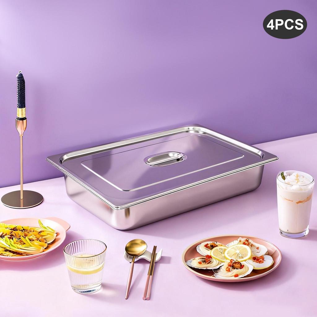 4-Pack 201 Stainless Steel Steam Table Pans with Lids, 2.38 Gal Food Pans 21 Inch Hotel Pan for Catering, Buffet, Restaurant & Home Kitchen