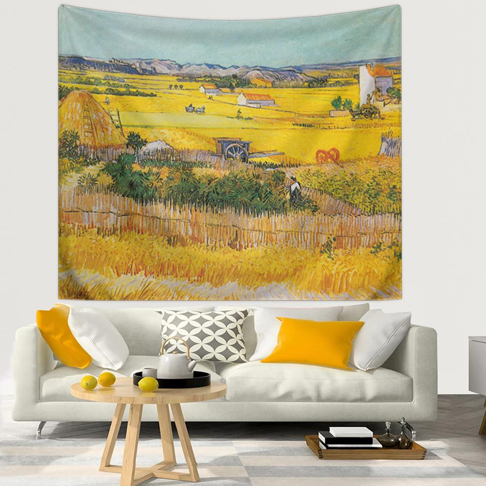 1pc Van Gogh's vintage oil painting "Harvest" tapestry, decorated with retro pastoral art, hung on the walls of rooms