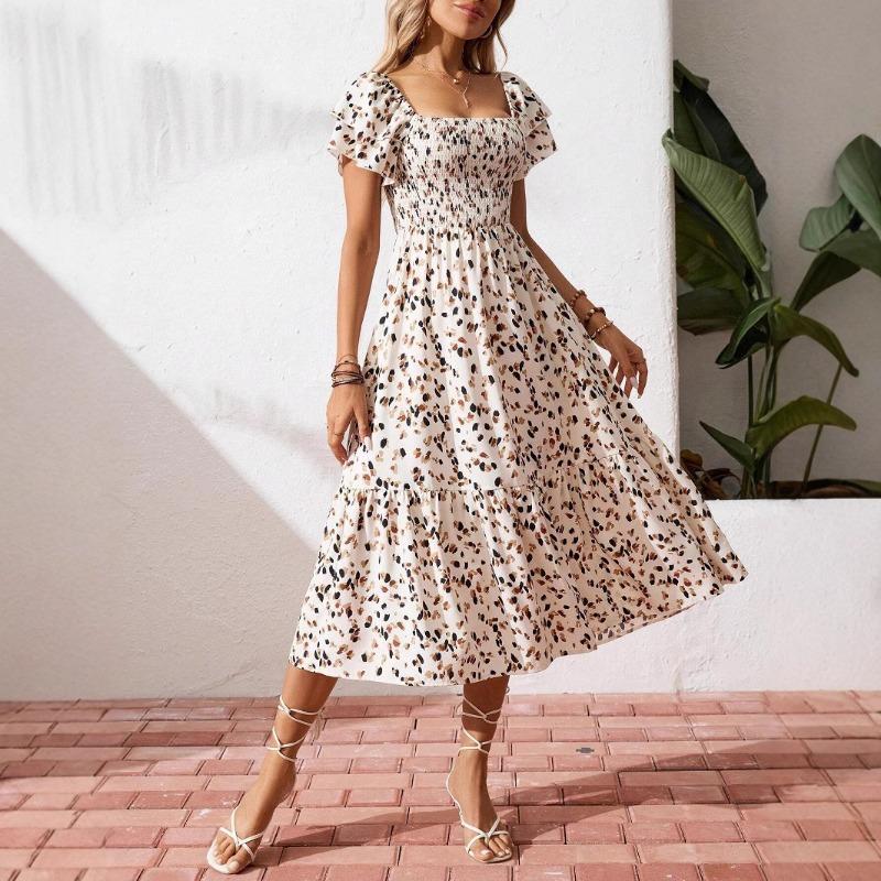 Mode Kurzarm Sommerkleid mit Blumendruck Sexy Rüschen Quadratischer Ausschnitt Elegant Plissiert A-Linie Partykleider Lässig Locker Slim Urlaubskleidung