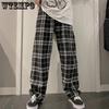Women Spring Summer Long Pants Vintage High Waist Wide Leg Casual Pants Elastic Waist Loose Plaid Stripe Versatile Streetwear Straight Pants