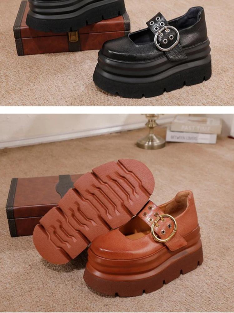 Johnature Vintage Thick Soled Shoes Round Toe Genuine Leather Versatile Four Seasons Women's Shoes