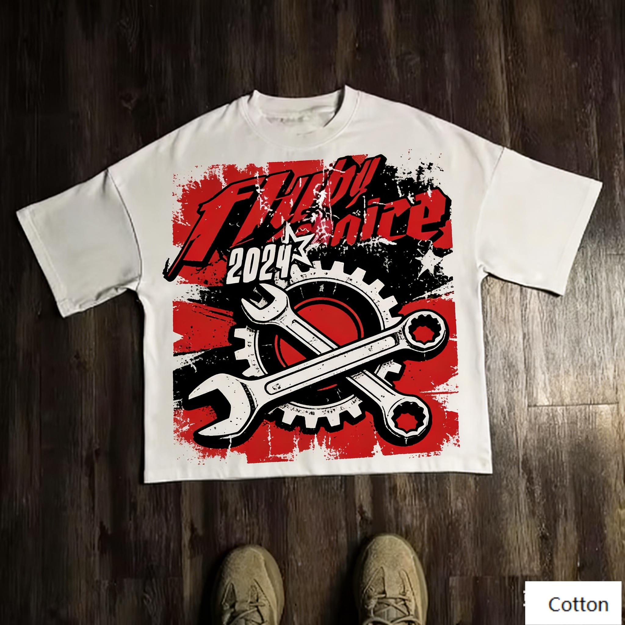 Oversized TShirt with Wrench Gear Graphic Loose Streetwear Style Soft Heavyweight Fabric Classic Crew Neck for Outfits S