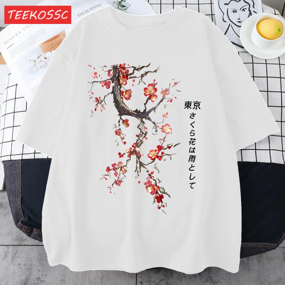 Cherry Blossoms And Rain In Tokyo Men Retro TShirt Casual Cotton Tee Loose Hip Hop Clothes Male ONeck Comfortable Short Sleeve