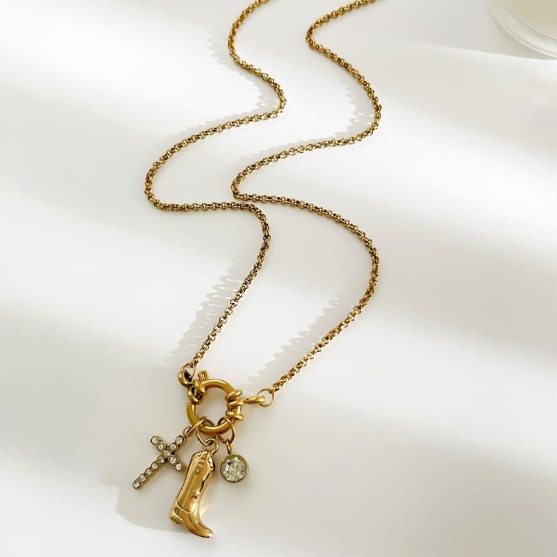 Stylish Symbol and Boot Pendant Necklace Stainless Steel with Glittering Stones Chain Necklace Suitable for Fashion Lady