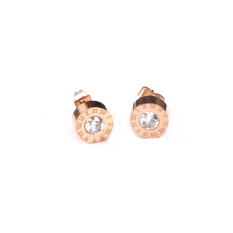 Roman Numeral Round Stud Earrings Women Gold Rhinestone Minimal Fashion Ear Jewelry