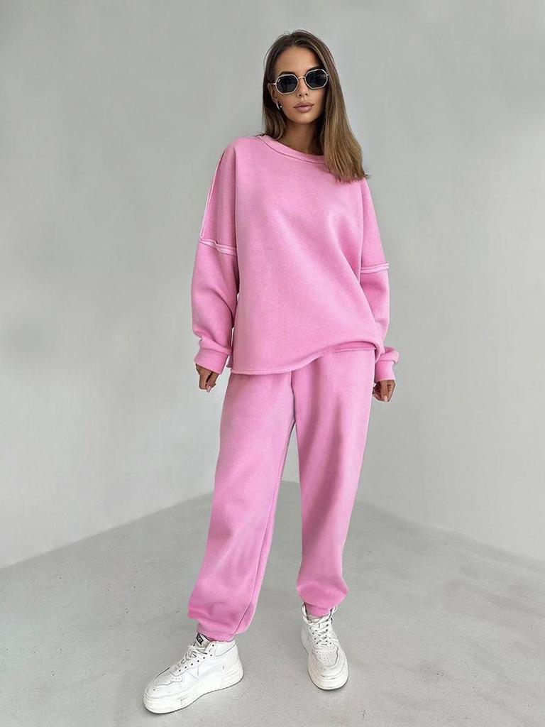 2023 Pink Sport Fleece Sweatshirt & High Waist Sweatpants Set - European & American Autumn Fashion for Women