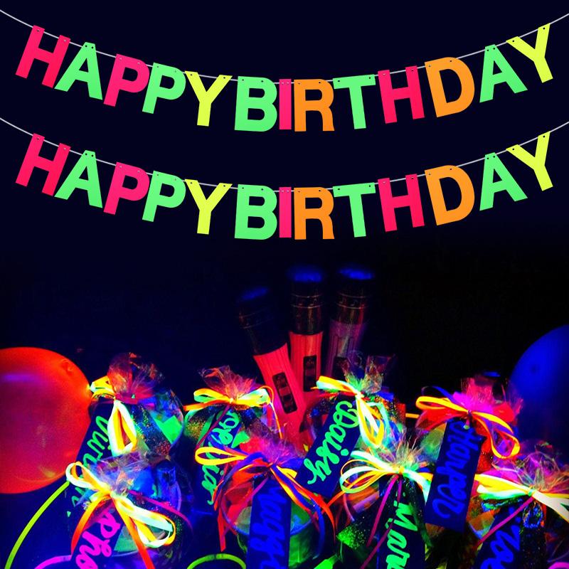 Neon Glow Happy Birthday Paper Banner Hanging Spirals Birthday Party Wedding Decoration Black Light Reactive UV Glow In the Dark