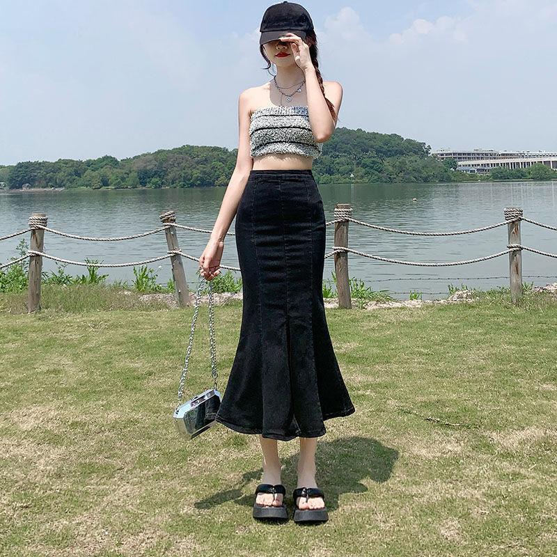 

Элегантная женская юбка-бюстье с оборками и высокой талией, эластичная, облегающая, с открытыми бедрами, с разрезом «рыбий хвост», летняя, универсальная, удобная, модная, джинсовая юбка XL чёрный