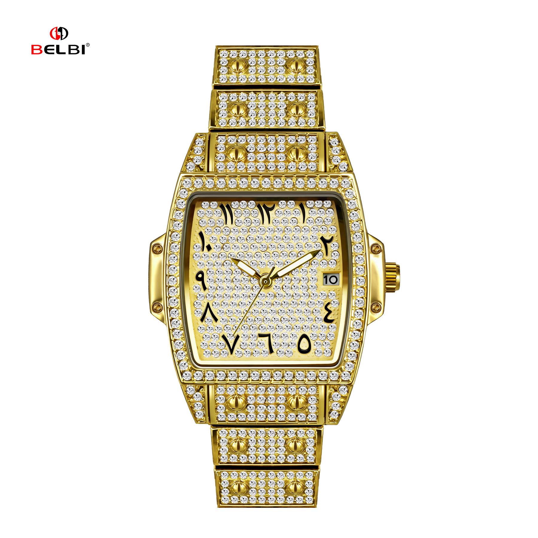 Womens Diamond Watch Tonneau Barrel-Shaped Luxury Quartz Wristwatch Bling Crystal Dress Watch Arabic Numerals Waterproof золотой