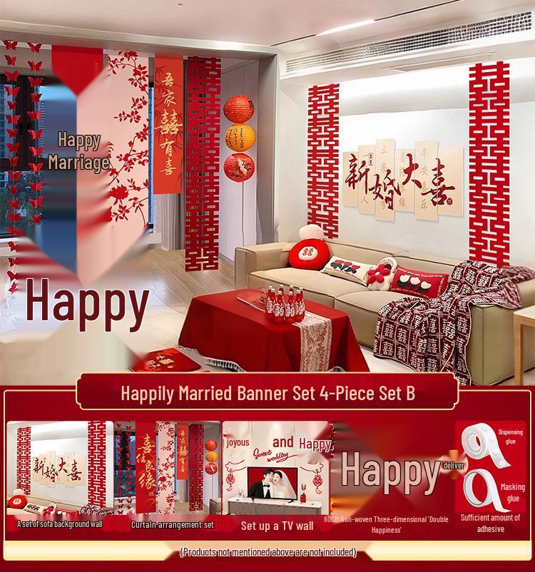 Double Happiness Wedding Room Cloth Banner Set for Ceremony and Hotel Décor