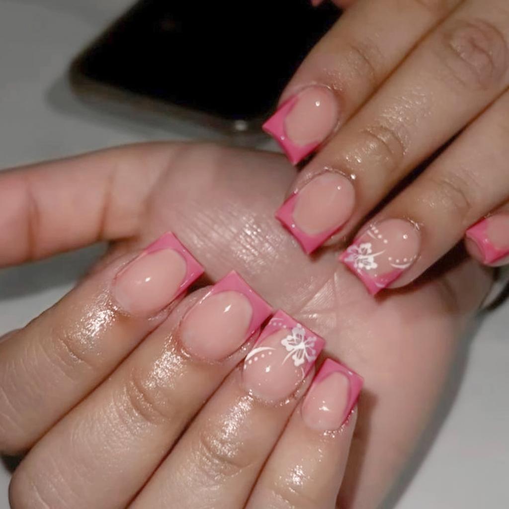 24PCS French Short Square Press On Nails Lightweight & Easy To Stick False Nails for Women Nail Art Decoration