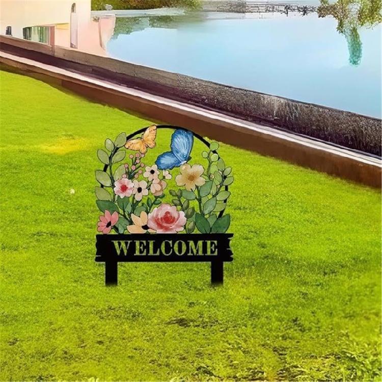 Iron Welcome Sign Stake for Garden Display, Twin-Pointed Soil Insert for Yard, Lawn and Flower Bed Outdoor Placement Use for Home Garden