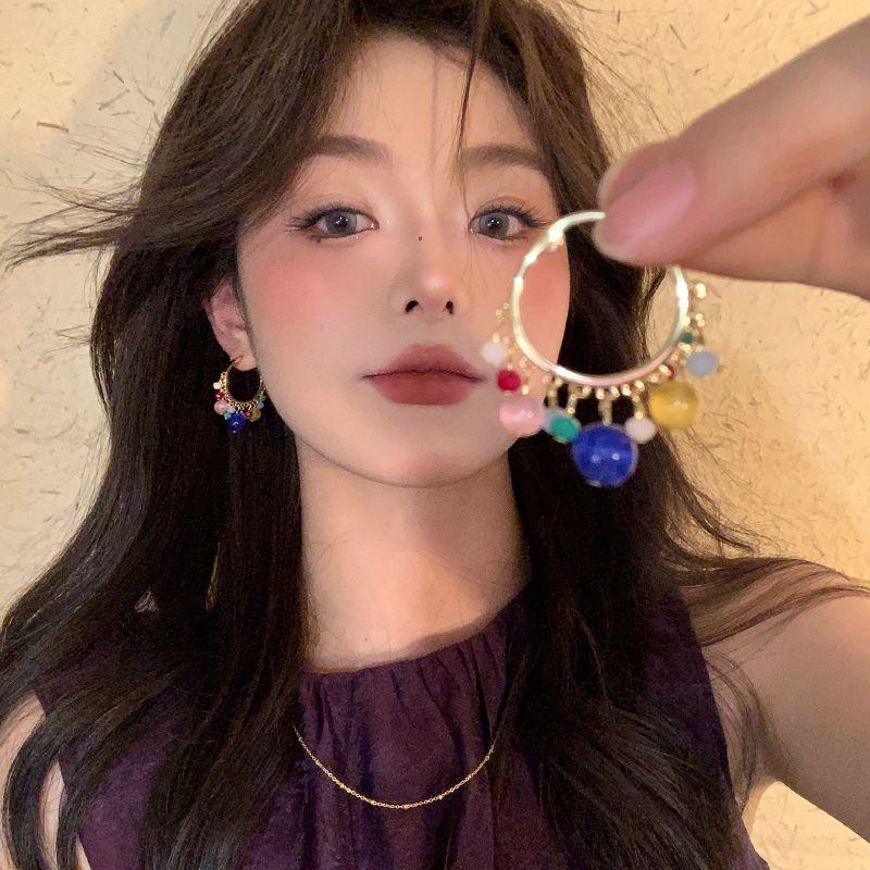 

Blue Danube Korean Style Hoop Earrings Female Niche Design Ear Ear Ring Suitable for round Faces Earrings Ear Studs Colorful dopamine natural stone beaded earrings