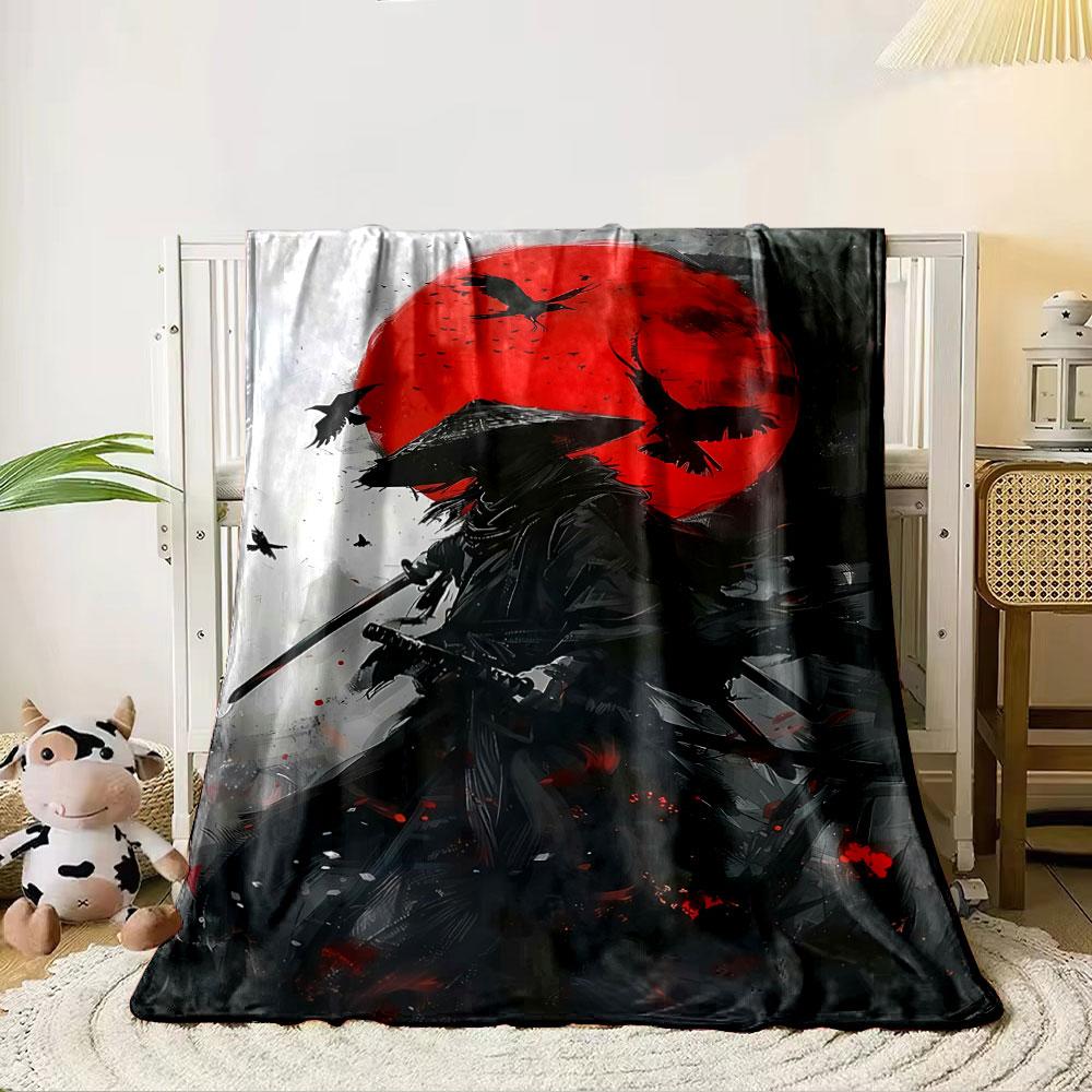 A samurai silhouette with crows and a bold red sun in the background. for all seasons blanket lunch break throw gift 80cm x 120cm