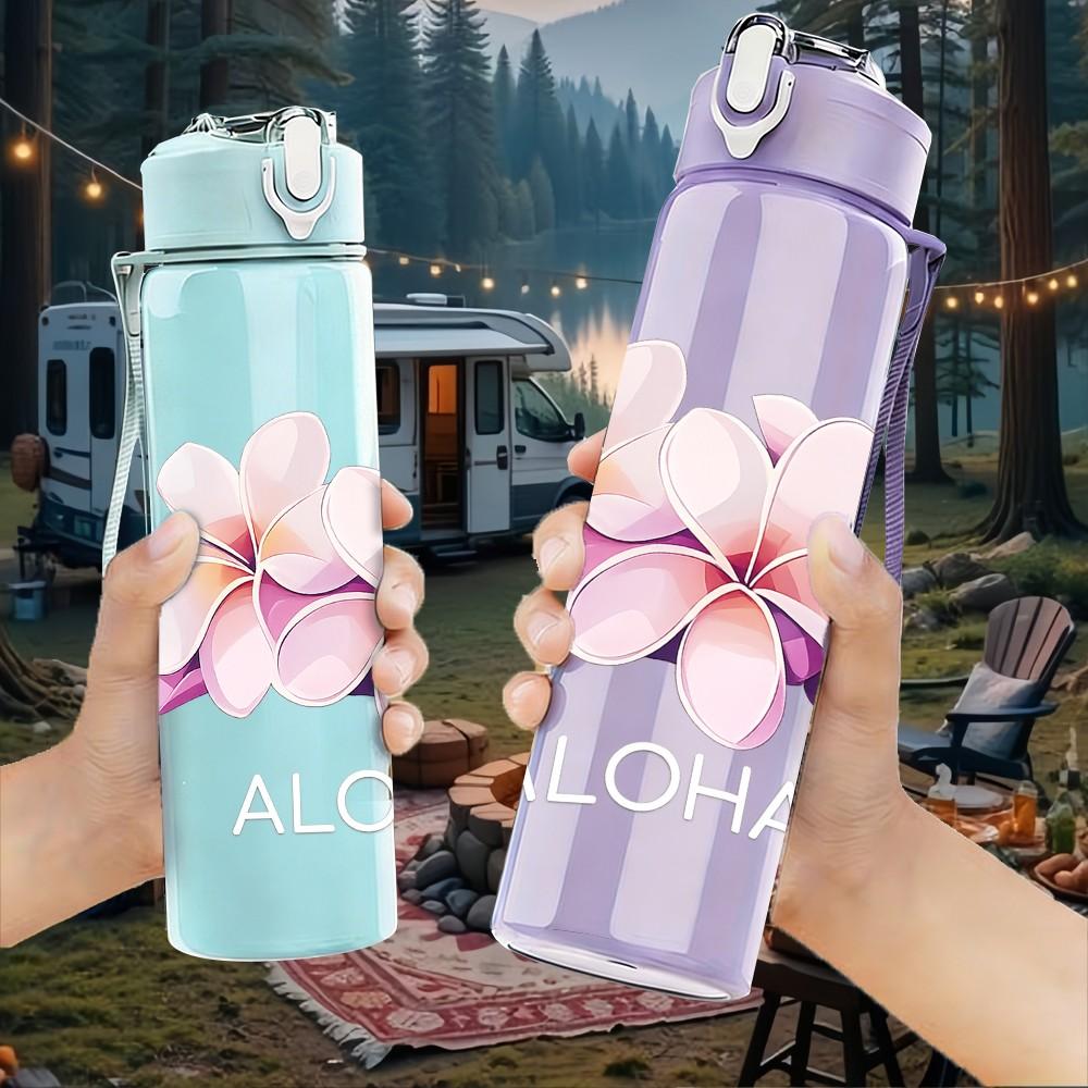 1PC Pink Plumeria Aloha Flower Print 750ml Color Plastic Sports Water Bottle Leakproof Flip Straw Lid Suitable for Sports Office Home Use