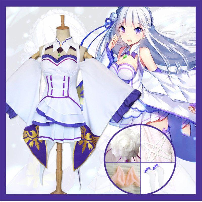 Rezero Kara Hajimeru Isekai Seikatsu Emilia Elf Cosplay Costume Complete Set