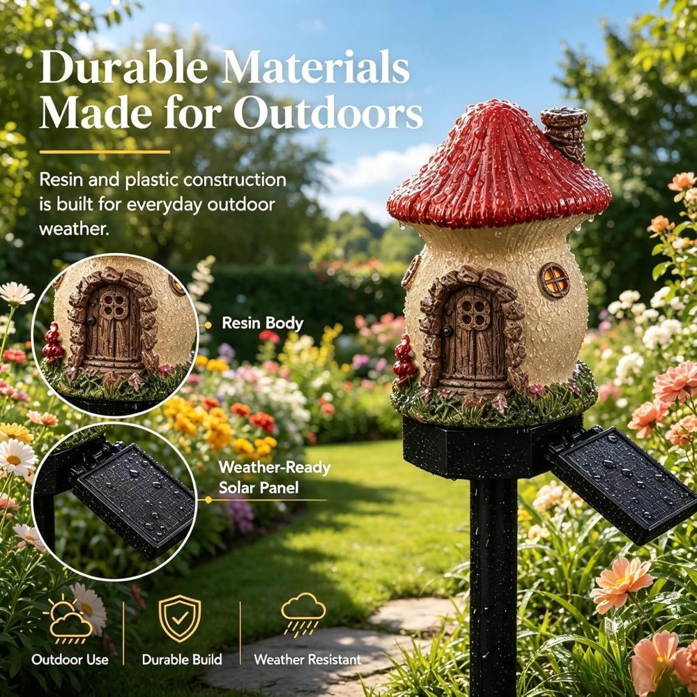 Solar Fairy Tale Mushroom House Lamp, Cottage Yard Garden Stake Light, Resin Mushroom House Ornament, Waterproof LED Mushroom House Statue Lamp