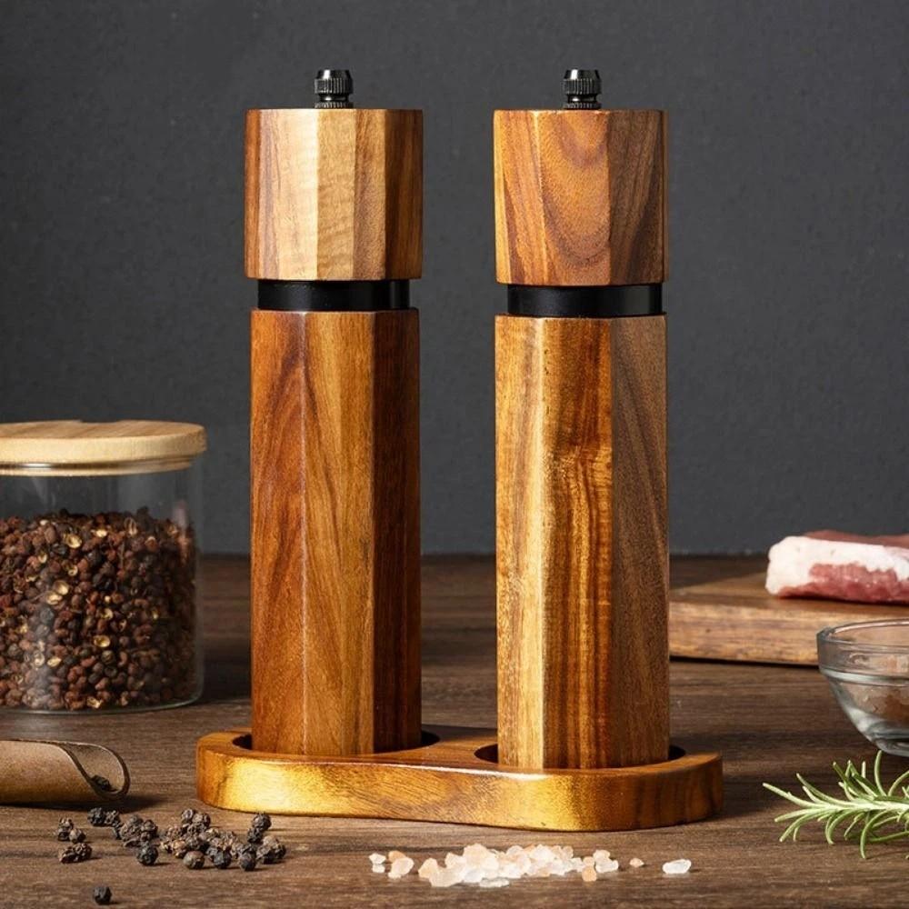 Refillable Pepper Spice Mill Acacia Wood Spice Mill Bottle Handheld Salt Grinder  Kitchen Gadget