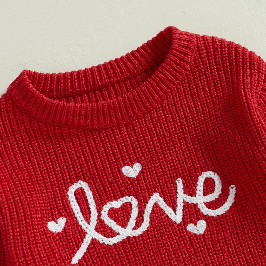 Baby Girl Valentine 's Day Romper Long Sleeve Round Neck Letter Embroidery Knit Bodysuit Newborn Outfit