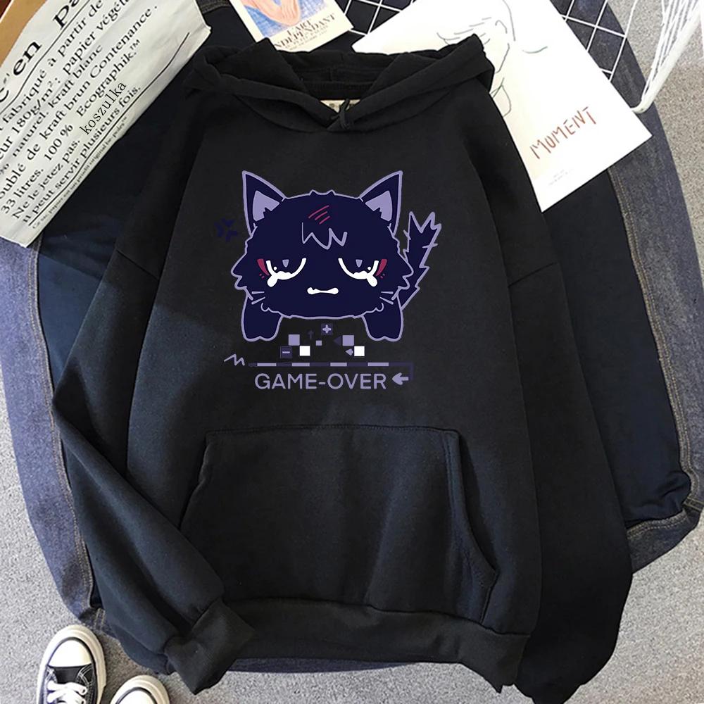 Genshin Impact Cartoon Cat Printed Hoodie Women Casual Autumn Winter Kawaii Harajuku Fleece Long Sleeve Sweatshirts
