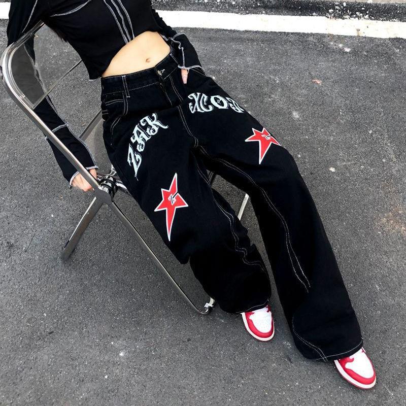 Dame Y2K Streetwear Vintage brede ben jeans Stjerner Brevtrykk Uformelt vår Høst Mote Harajuku løse rette bukser