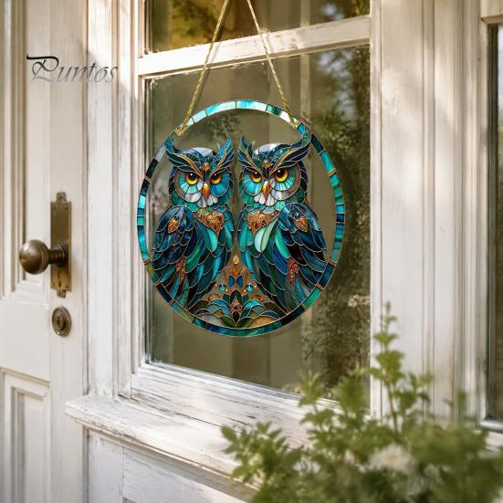 Indoor Outdoor Ornament Double Owl Suncatcher Window Hanging Ornament, Stained Glass Style Circular Wall Sunlight Shadow Display Decor, Green Art for