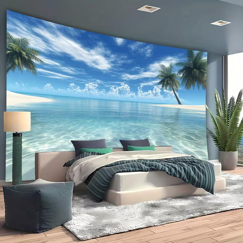 2D Tropical Beach Tapestry Palm Tree Ocean Wall Hanging Backdrop