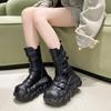 Fashion 8CM Leather Spring Platform Buckle Wedge Flats Women 2025 Autumn British Motorcycle Fashion ZIP Ankle Boots White Ladies Shoes