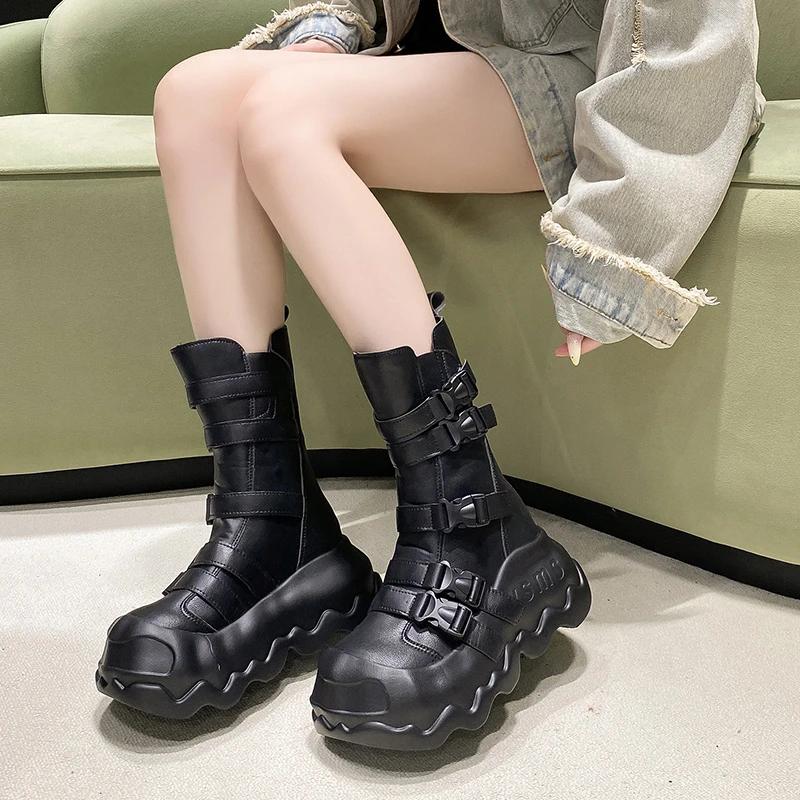 Fashion 8CM Leather Spring Platform Buckle Wedge Flats Women 2025 Autumn British Motorcycle Fashion ZIP Ankle Boots White Ladies Shoes