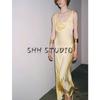 Summer Women's Clothing A- Line Asymmetric Hem Draped V Neck Silk Satin Texture Sling Dress 2590934