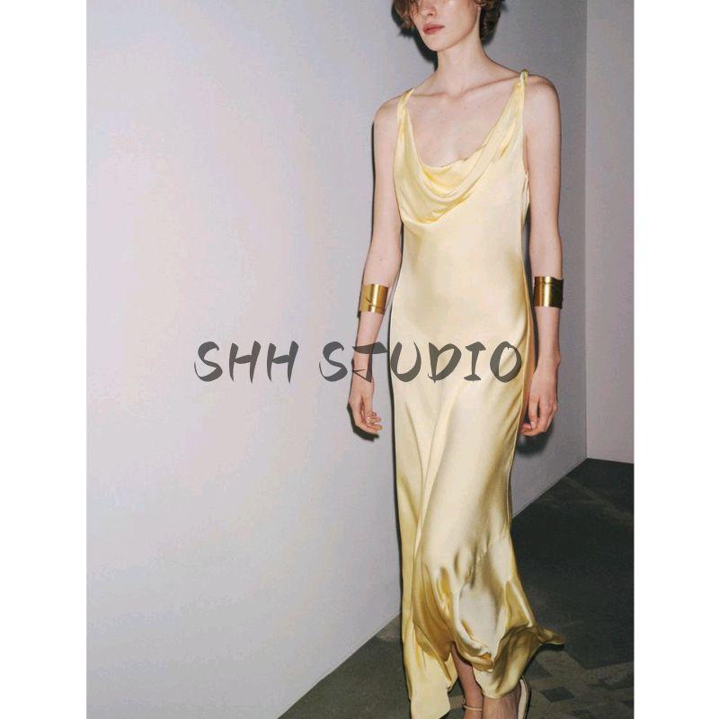 Summer Women's Clothing A- Line Asymmetric Hem Draped V Neck Silk Satin Texture Sling Dress 2590934