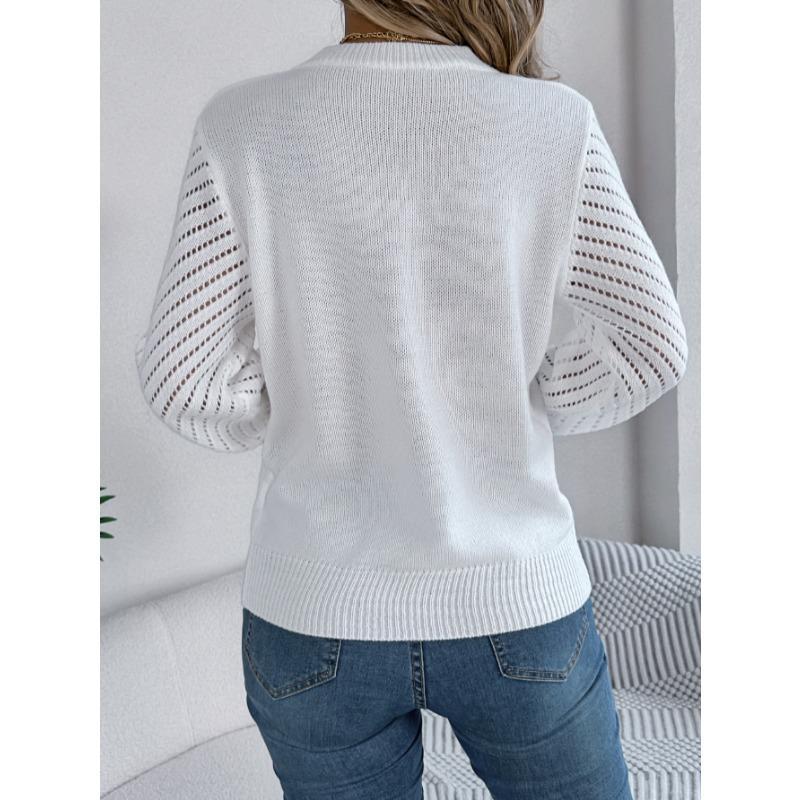 Elegant Round Neck Hollow Out Long Sleeve Pullover Sweater Women 2025 Fashion Sweet Autumn and Winter Casual Knitted Tops Solid Color Office Clothing
