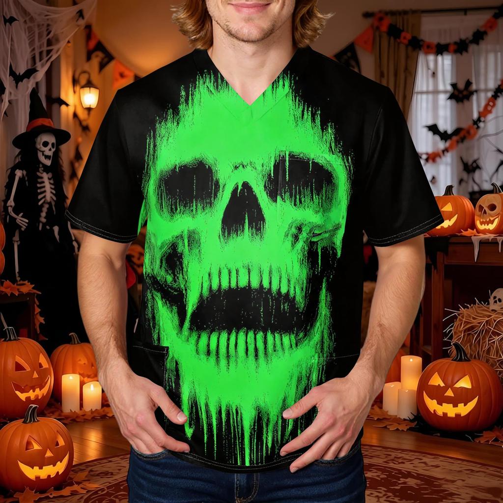 Men's Halloween Printed V-Neck Short Sleeve Scrub Top with Pocket
