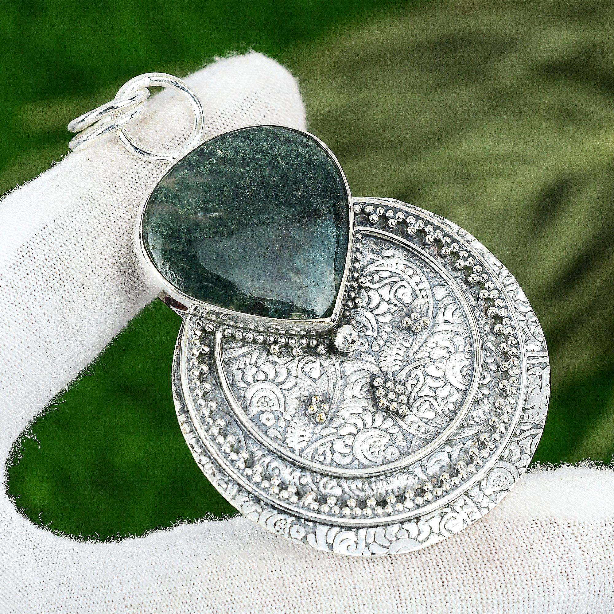 

Memorial Day Deal Sterling Silver Natural Solar Moss Agate Bezel Pendant Jewelry
