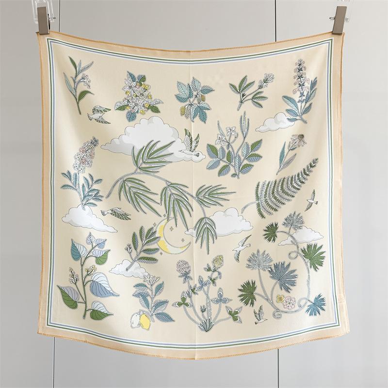 Mori plants, flowers and birds, silk, double crepe square scarf, milk apricot mulberry silk, medium square scarf, gentle wind and versatile decorative