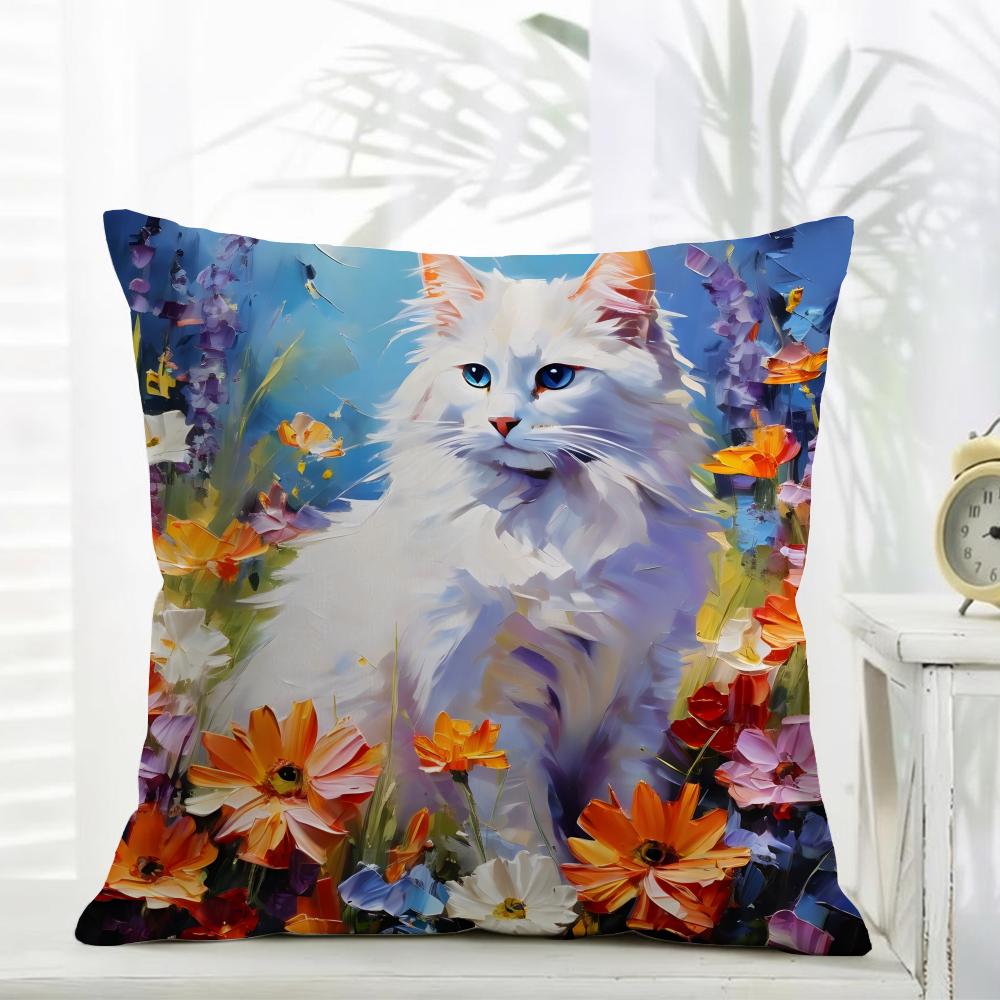 Cute Oil Painting Colorful Cat Cushion Cover Comfort Daily Washable Linen Soft for Sofa Bed Home Room Decor