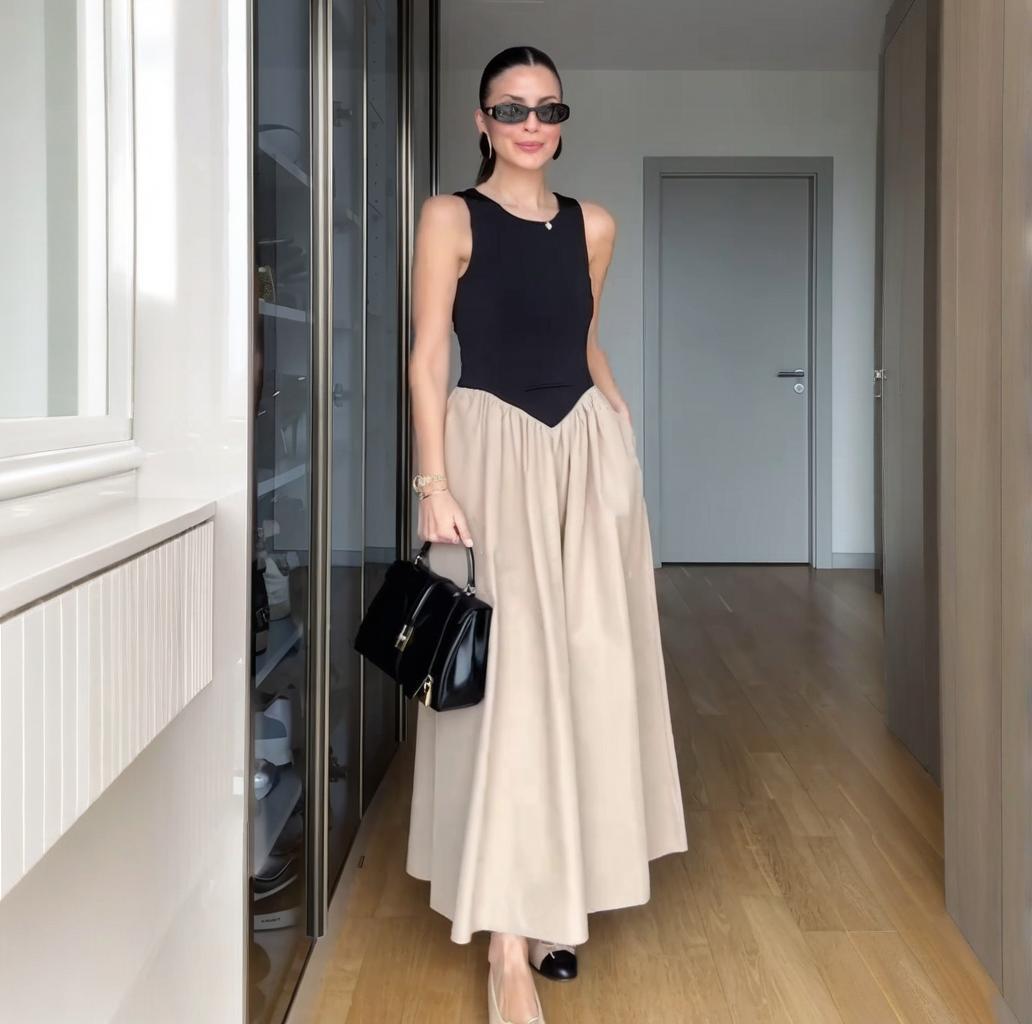 

2025 Summer Euro-American Sleeveless Pleated Dress: Sexy, Slimming, Round Neck Women s Fashion L чёрный