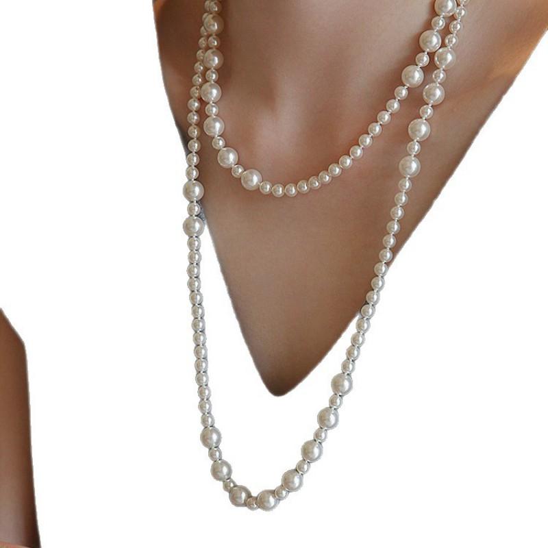 French Chic Double Layer Pearl Necklace Long Multi Layered Stacking Choker Winter Sweater Chain Women