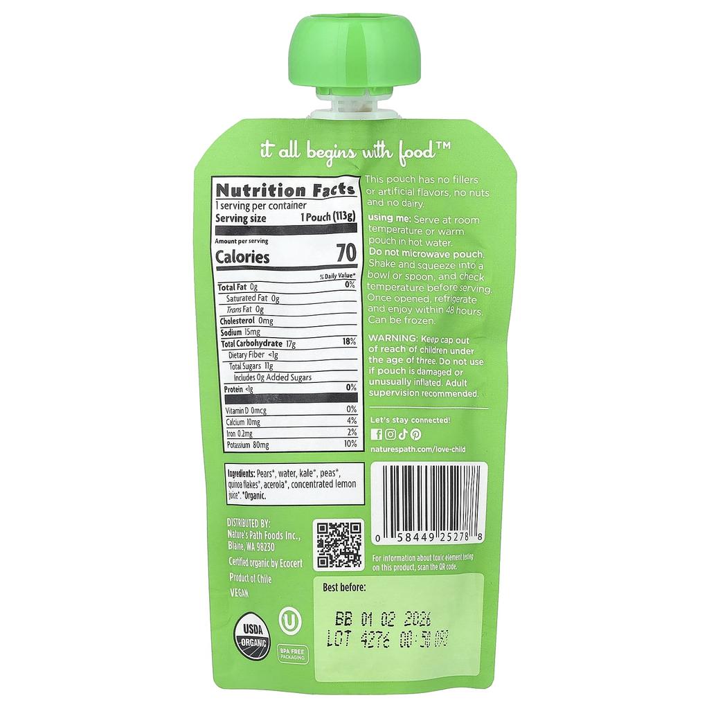 Love Child Organics, Nature's Path, Organic Baby Puree, 6+ Months, Pear, Kale, Peas, 4 Oz (113 G)