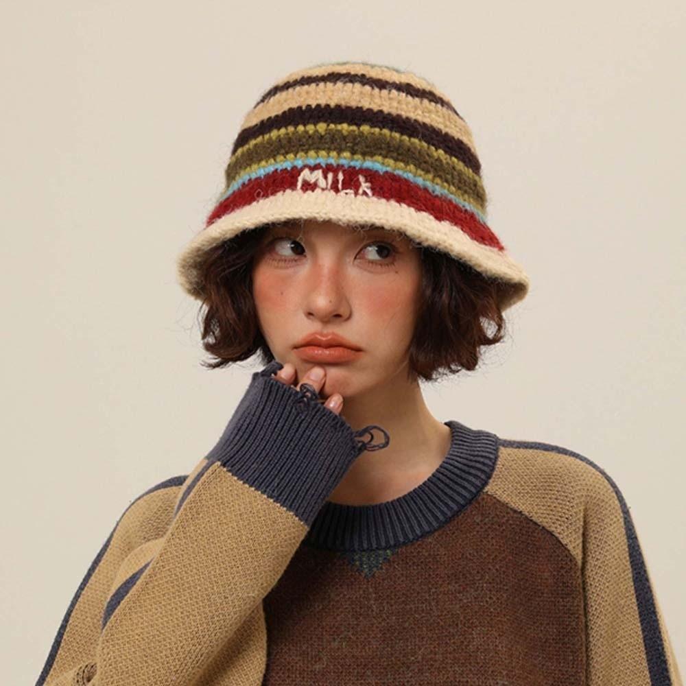 Warm Striped Fisherman Hat Anti-cold Woven Basin Cap Seaside Beach Cap Knitted Bucket Hat  Daily