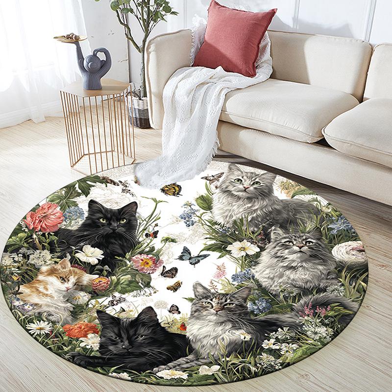 Cats Flowers Round Area Rug,Carpet Rug for Living Room Bedroom Sofa Playroom Decor,Non-slip Floor Mat